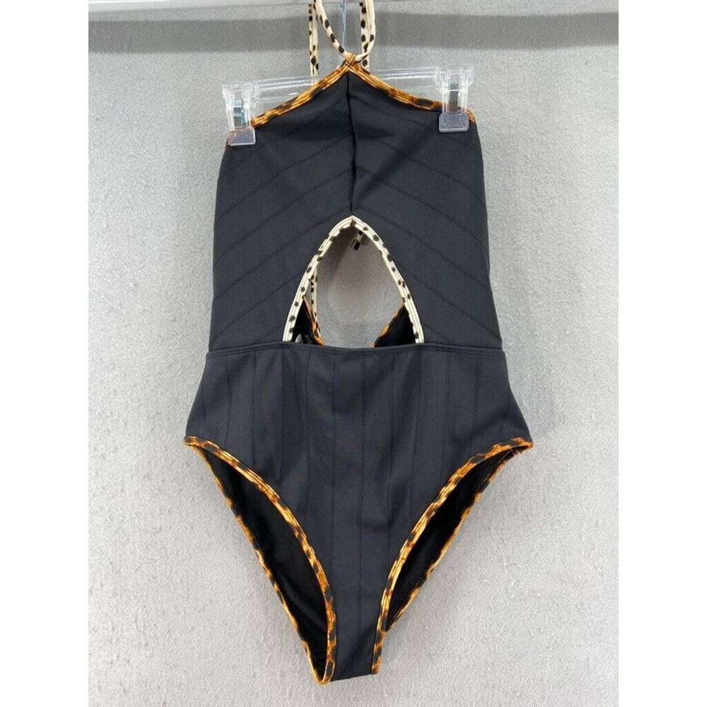 River‎ Island Swimsuit Womens Sz 8 Black Halter Neck Onepiece Cutout Texture